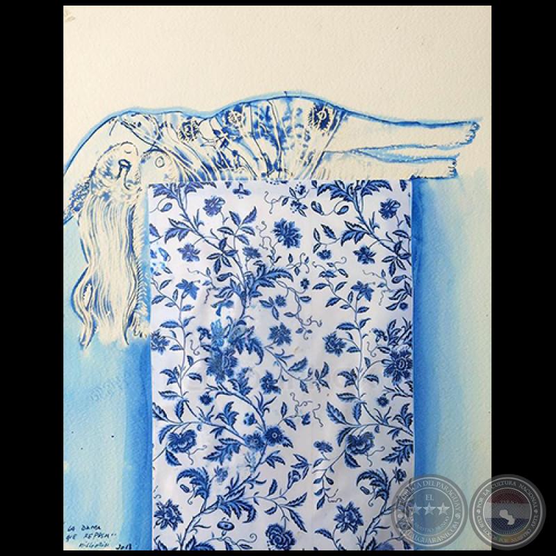 La dama que reposa - Serie AZUL dibujo sobre papel de Ricardo Migliorisi - Año: 2018